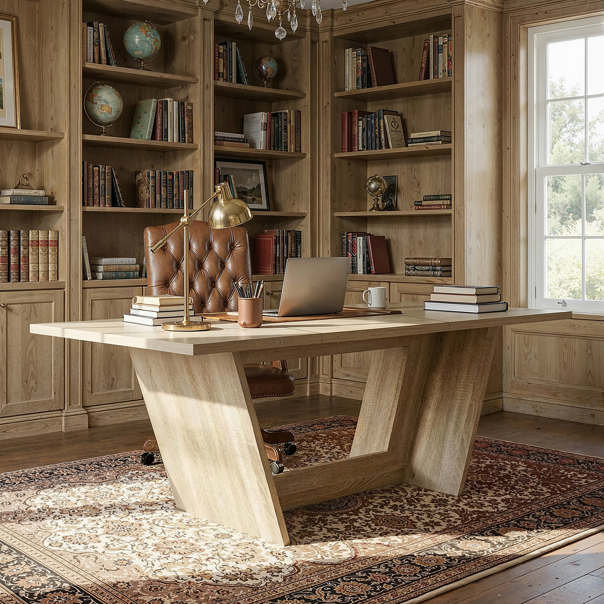 Wood dining table with V-shaped pedestal base 