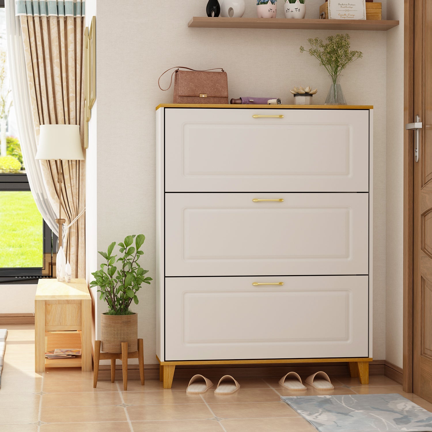 Modern Shoe Storage Cabinet with 3 Compartments & 1 Locker Shoe Cabinet Organizer for Entryway