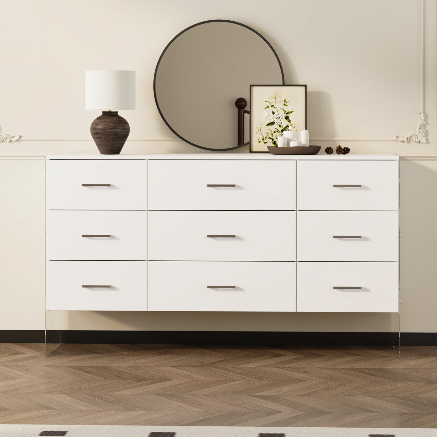 55.1" Modern White Dresser with Glass Legs