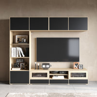 92.7" Modern Oak & Black Entertainment Center with Overhead Cabinets
