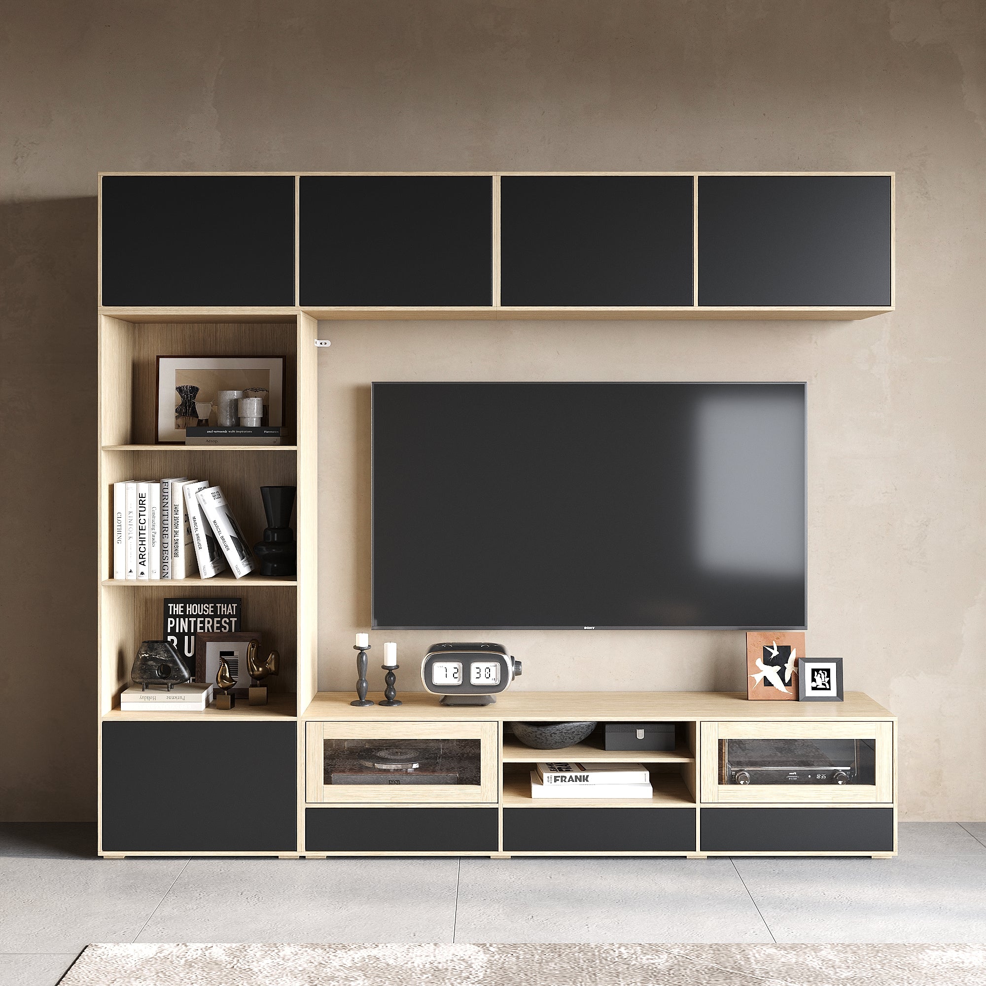 Modern 3-Piece Entertainment Center With Overhead Cabinets And 69" TV Stand, Natural Wood And Black Finish