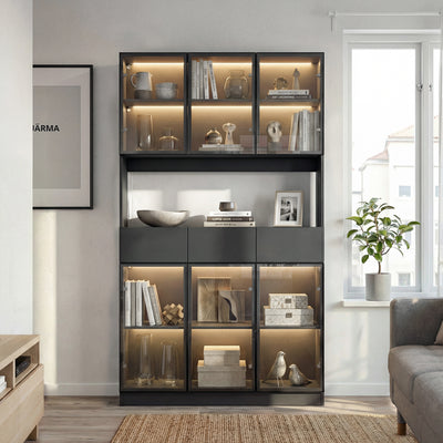 47 inch Modern White/Black Bathroom Linen Cabinet with LED Lights and Glass Doors