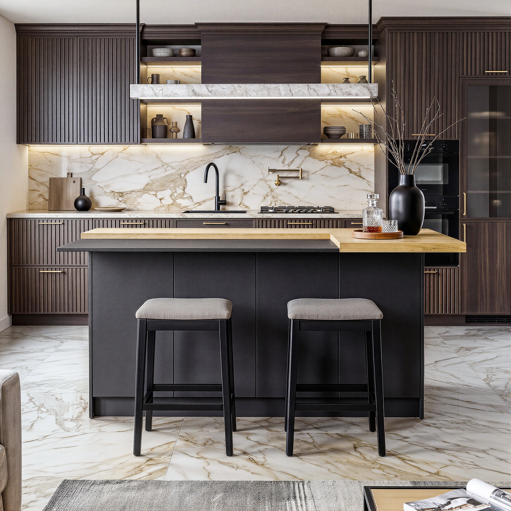 77.3 inches Modern Black Kitchen Island With Adjustable Shelves And Butcher Block Top