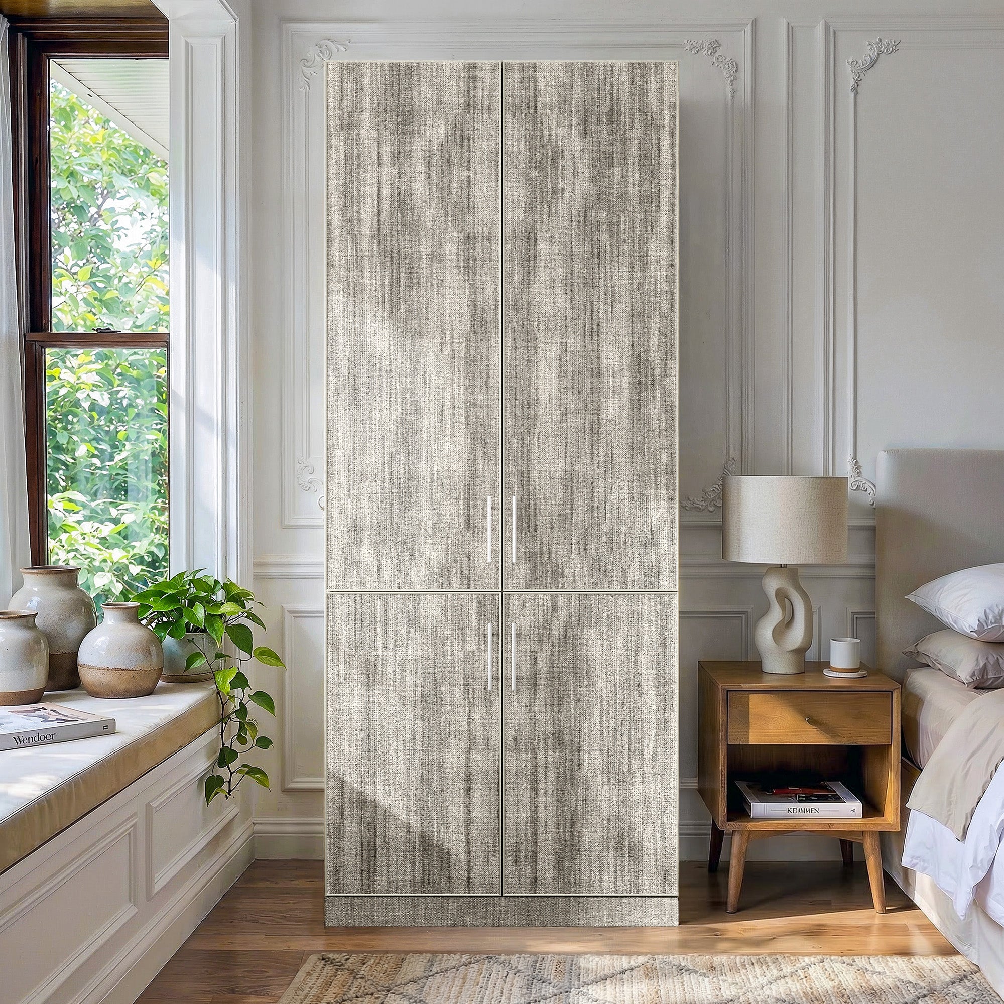 Beige armoire with pants rack and hanging rod