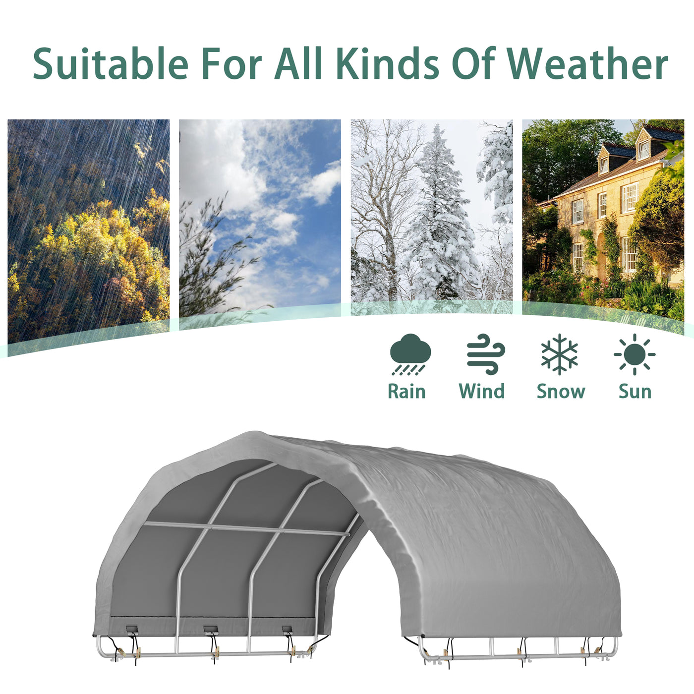 Covered outdoor area suitable for all weather conditions with images of rain, wind, snow, and sun above a gray cover