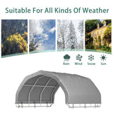 Covered outdoor area suitable for all weather conditions with images of rain, wind, snow, and sun above a gray cover