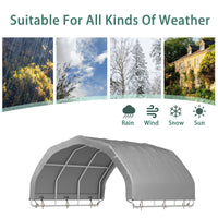Covered outdoor area suitable for all weather conditions with images of rain, wind, snow, and sun above a gray cover