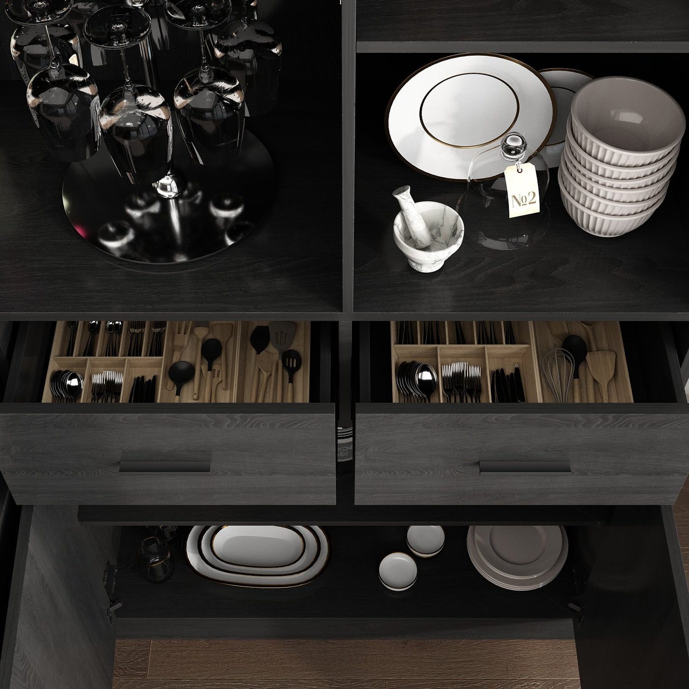 78.7" Modern Dark Gray Kitchen Pantry With 4 Drawers, Adjustable Shelves