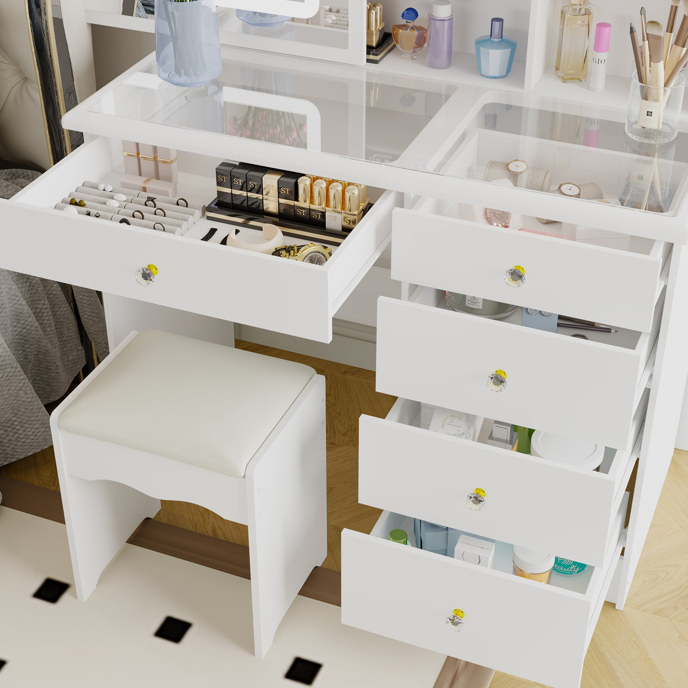 39.4" Modern White Vanity Desk Makeup Table Large Sliding Lighted Mirror Dressing Table With 5 Drawers Hidden Shelves