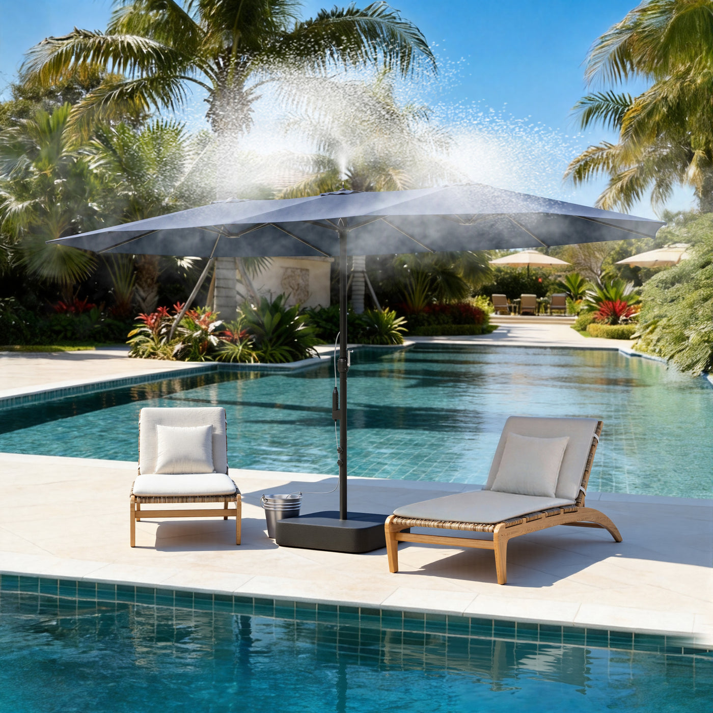 118" Double-Sided Patio Umbrella with Misting System  and Base