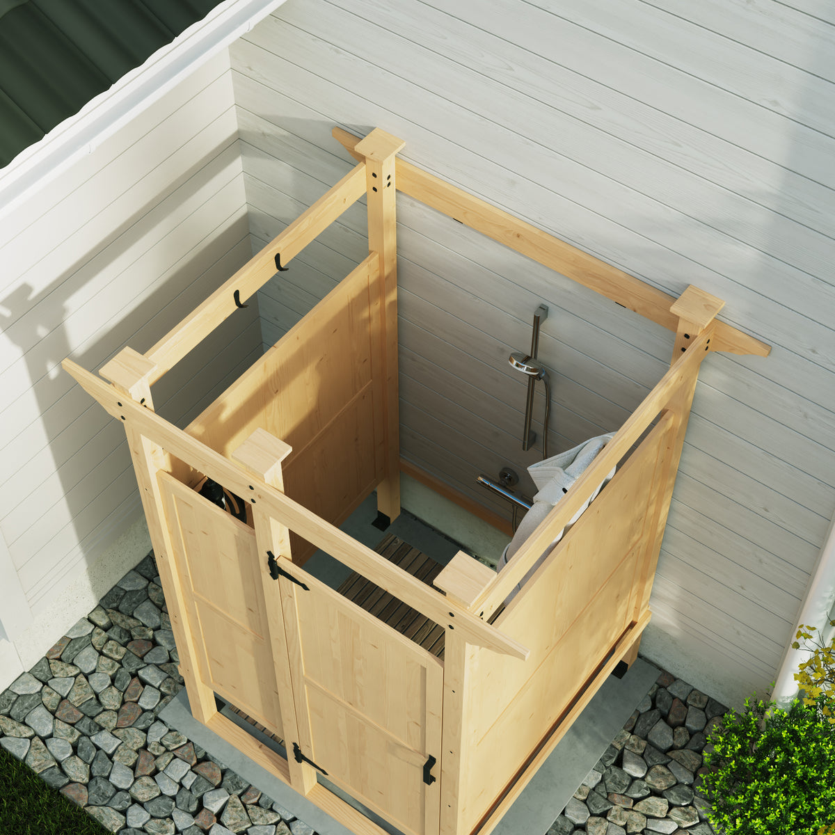 Wooden outdoor shower enclosure with a roof and doors, set against a house exterior