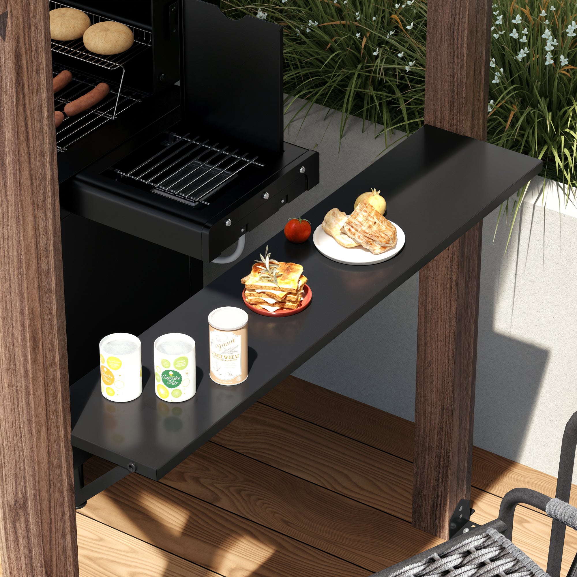 Cedar Wood Grill Gazebo Hardtop Roof With Side Tables For Patio BBQ Shelter