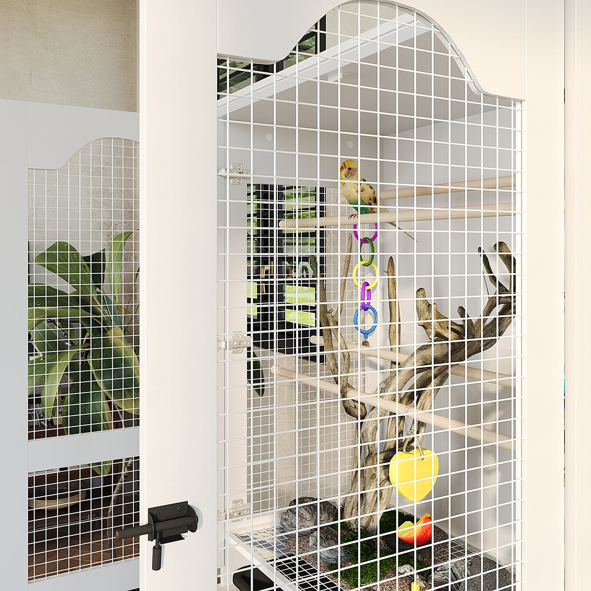 Birdcage with a parrot inside, featuring perches and toys.