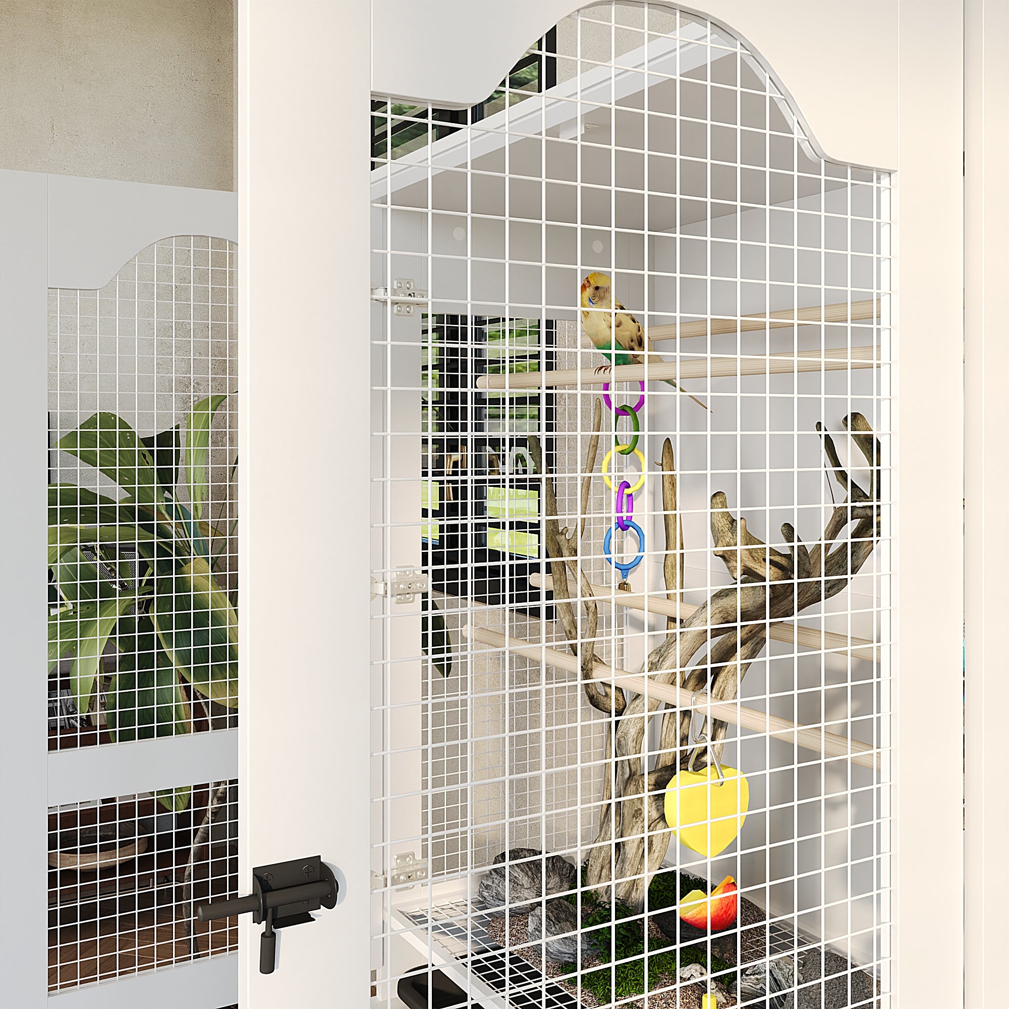 Birdcage with a parrot inside, featuring perches and toys.