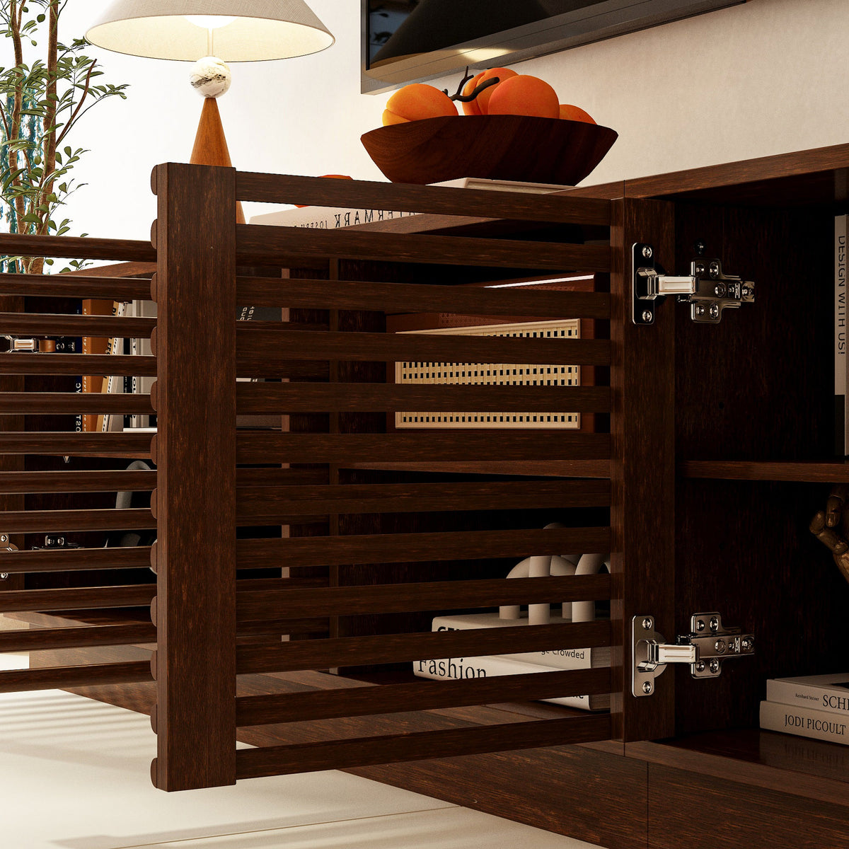 78.7" Mid-Century Walnut TV Stand With Slatted Doors, Open Shelves, And Cable Management