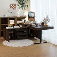 70.9" Modern Walnut L-Shaped 3-Drawer Standing Desk with Bookcase