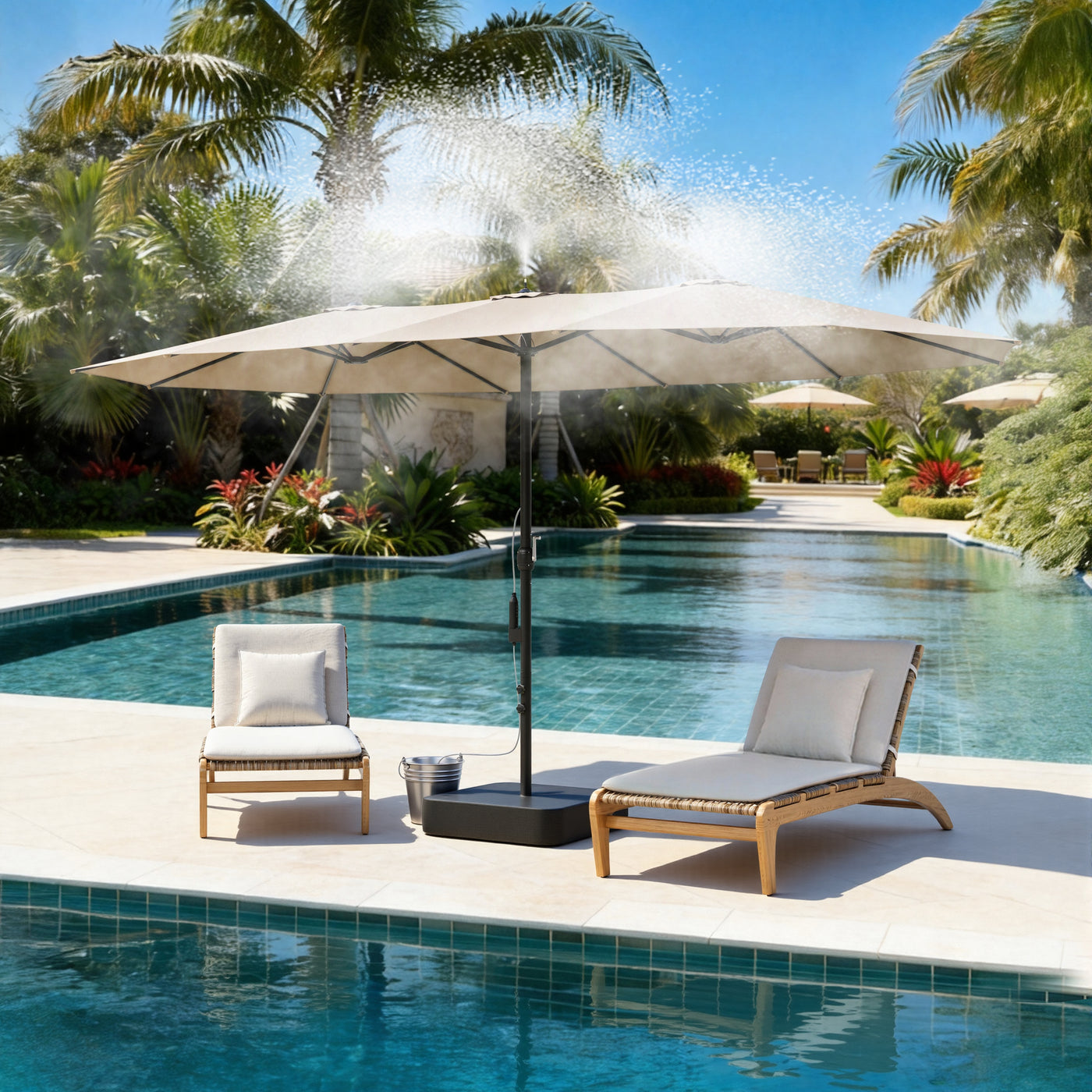 118" Double-Sided Patio Umbrella with Misting System  and Base