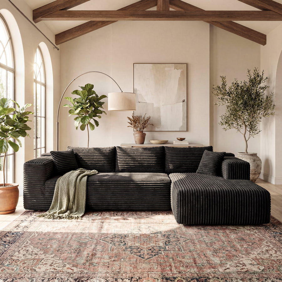 106" Contemporary L-shaped Upholstered Arm Sofa Chaise with Two Pillows