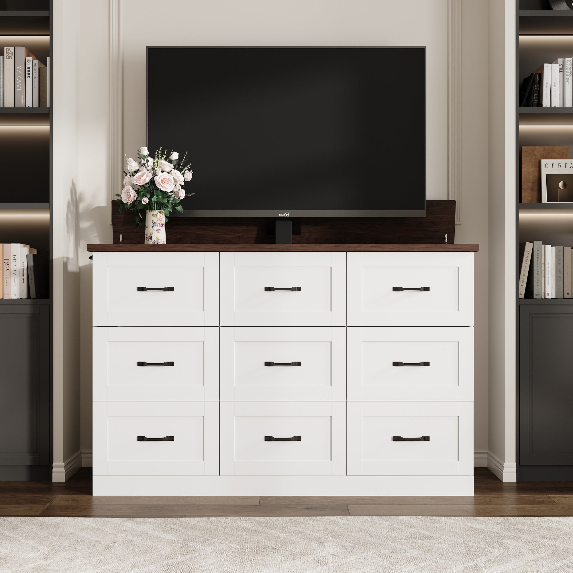 63'' W Lifting TV Stand & Dresser With Hidden TV Lift Motorized Vertical Stand Lift(Built-In Power Outlet)