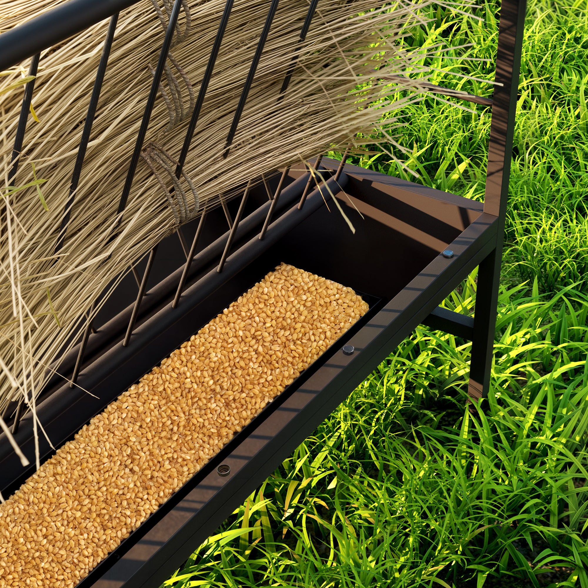 Wicker chair with straw backrest on grass