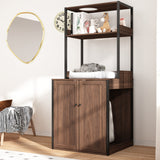 30.8 inches Walnut Wood‑Grain Cat Litter Box Enclosure with Multi‑Level Cat Perch and Storage Shelves