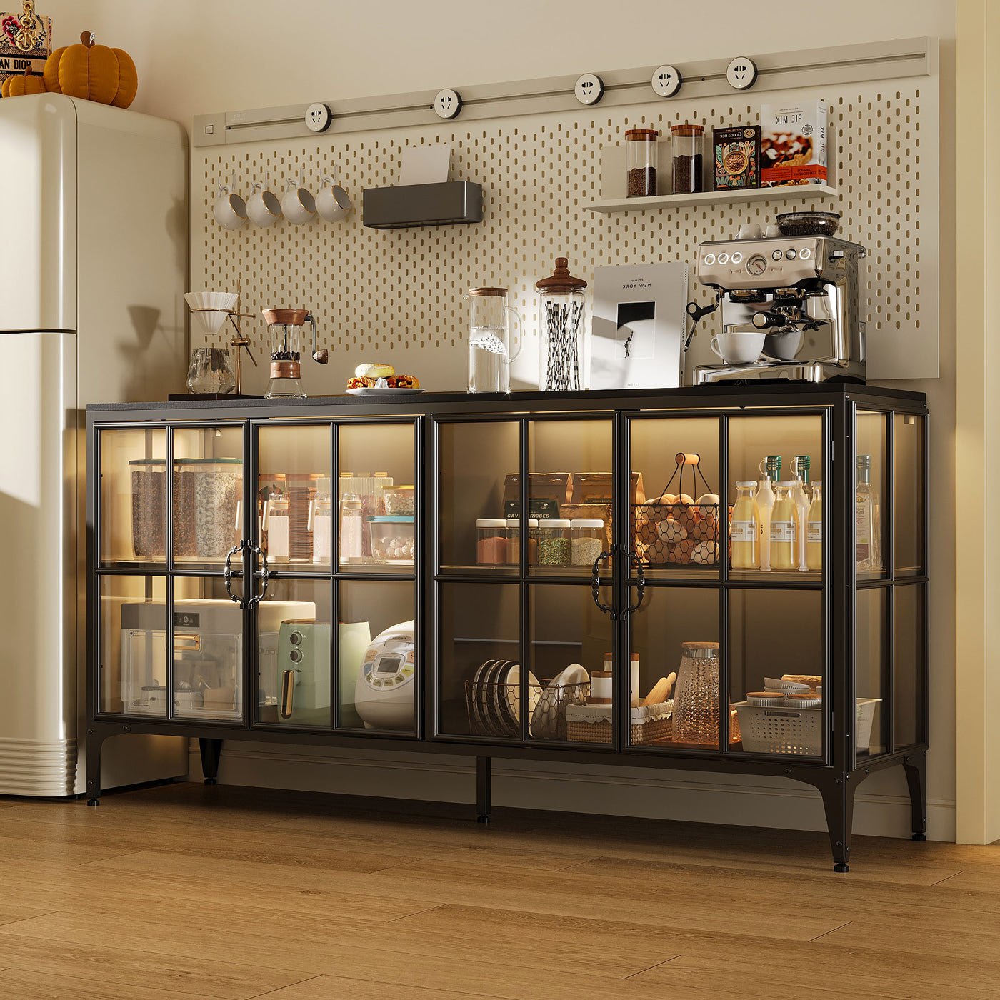 Kitchen with a coffee station featuring a refrigerator, cabinets, and various kitchen items.