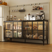 Kitchen with a coffee station featuring a refrigerator, cabinets, and various kitchen items.