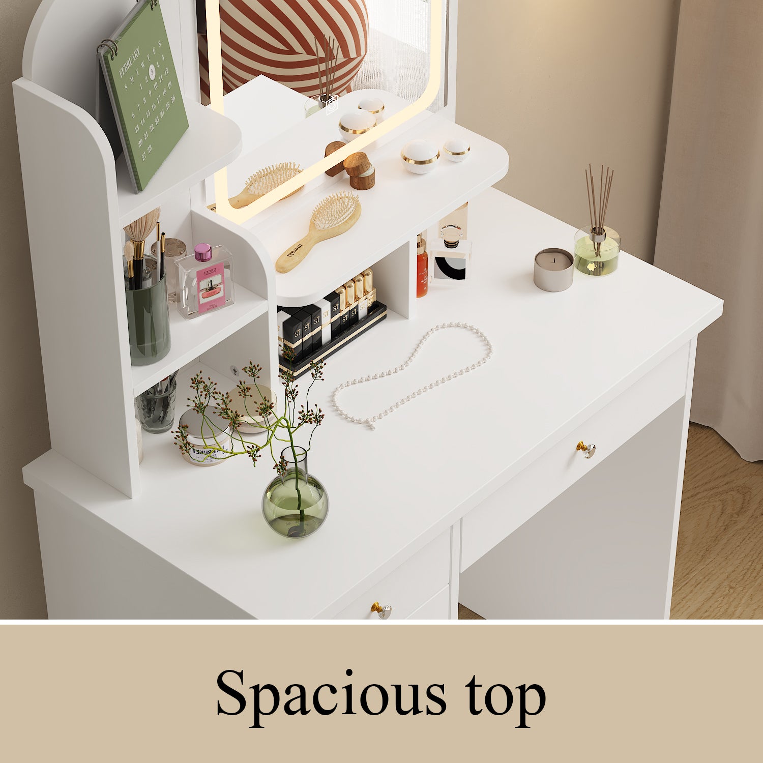 Modern Vanity Desk With LED Mirror, 5 Drawers, Shelves And Matching Stool, Makeup Dressing Table