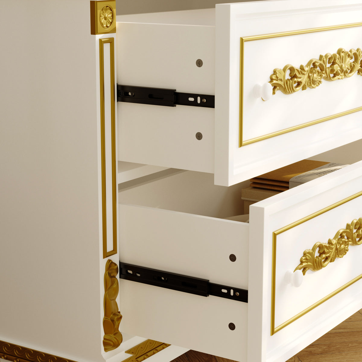 White cabinet with gold accents and open drawers on a neutral background