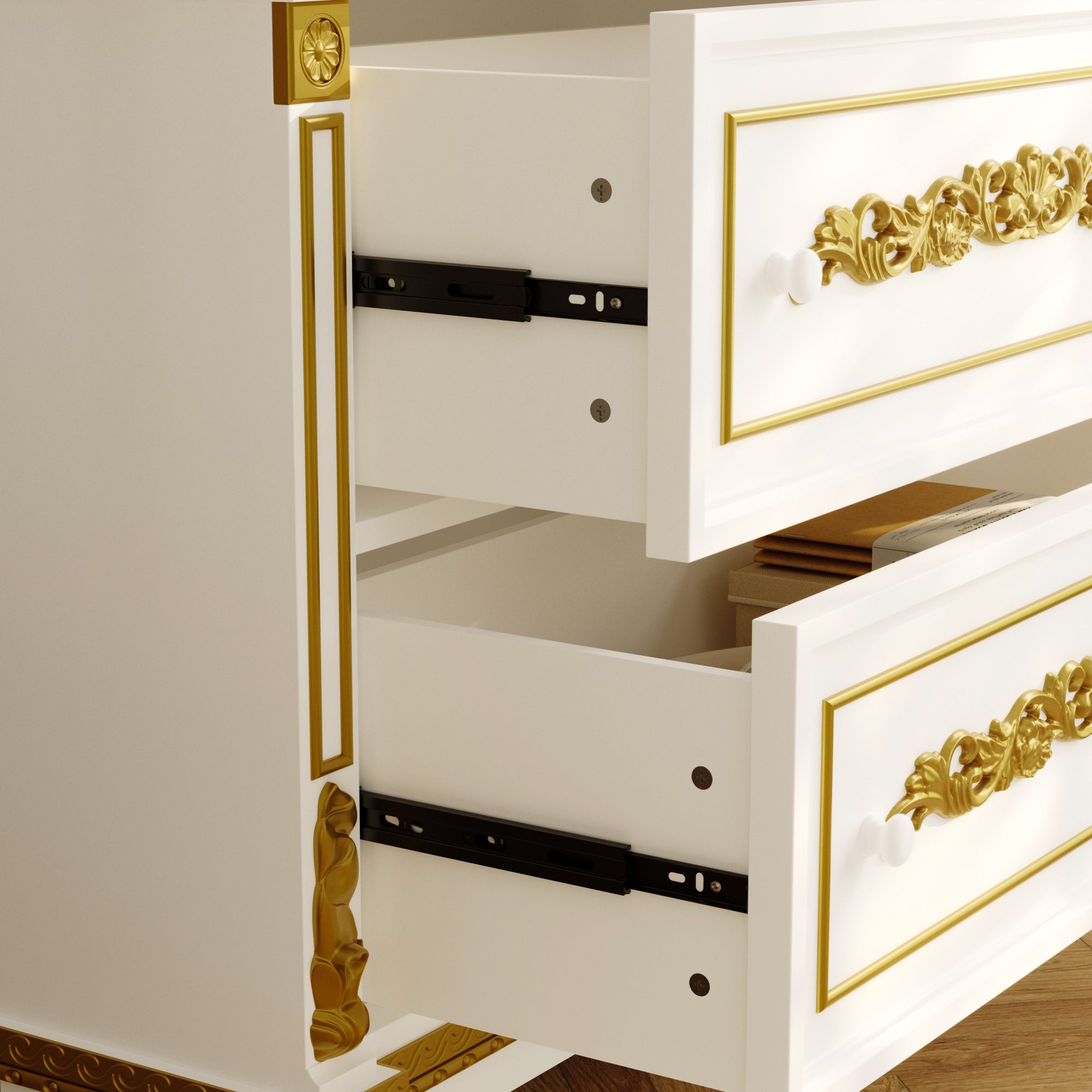 White cabinet with gold accents and open drawers on a neutral background