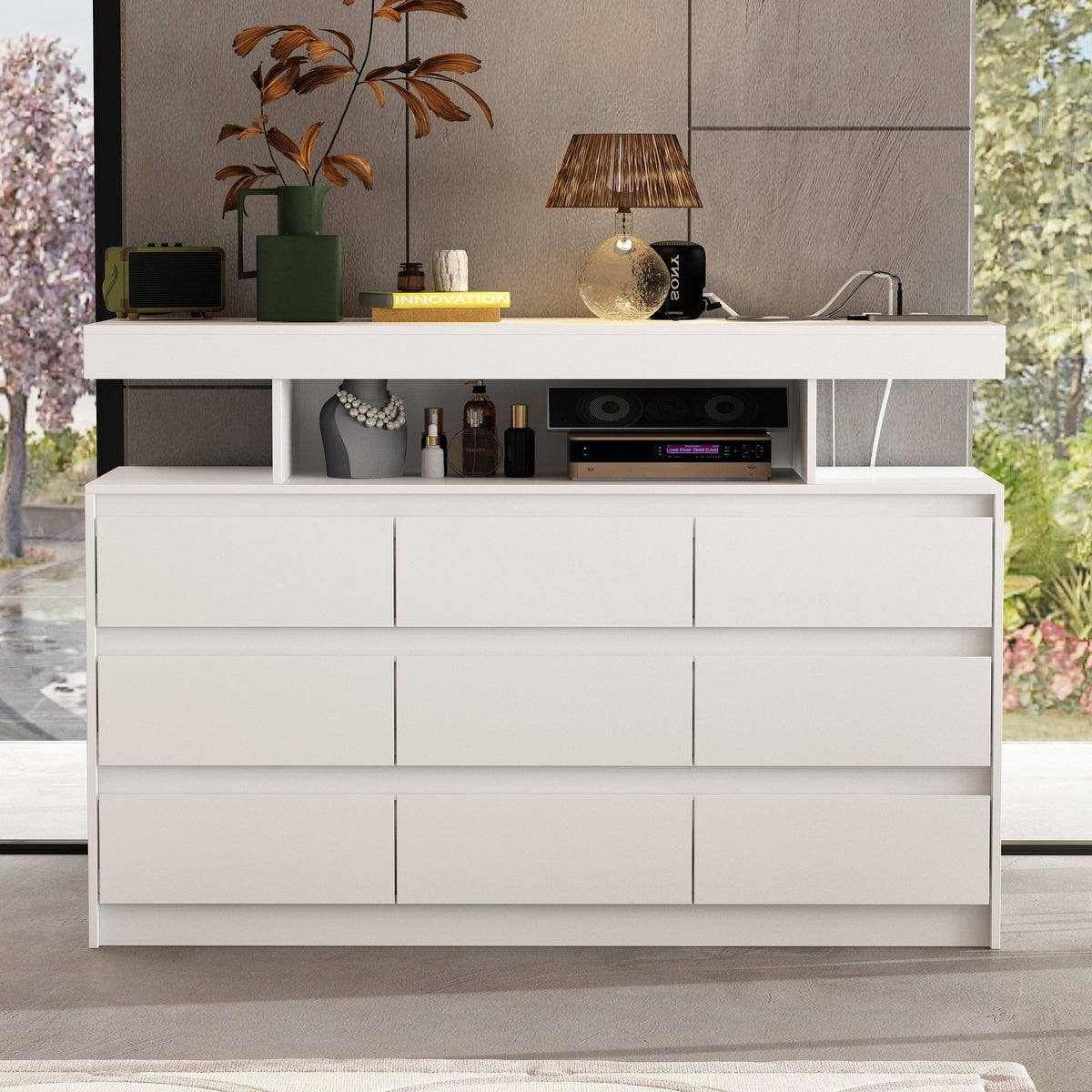47.2" Minimalist White Dresser With LED Lights & 9 Drawers