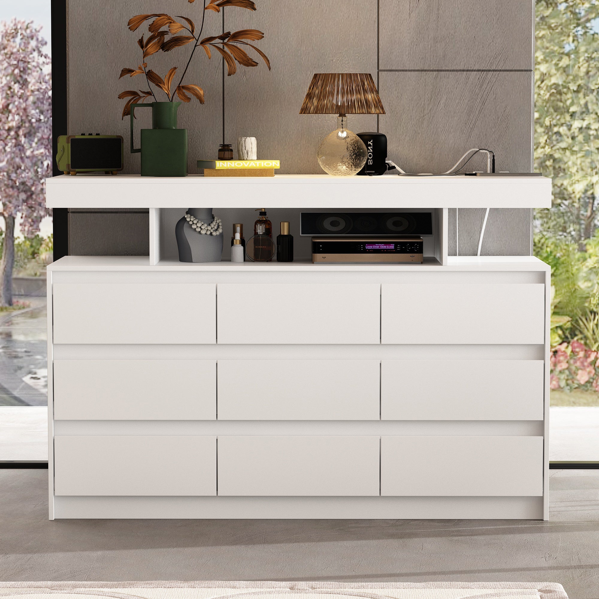 47.2 inches Minimalist White Dresser With LED Lights & 9 Drawers