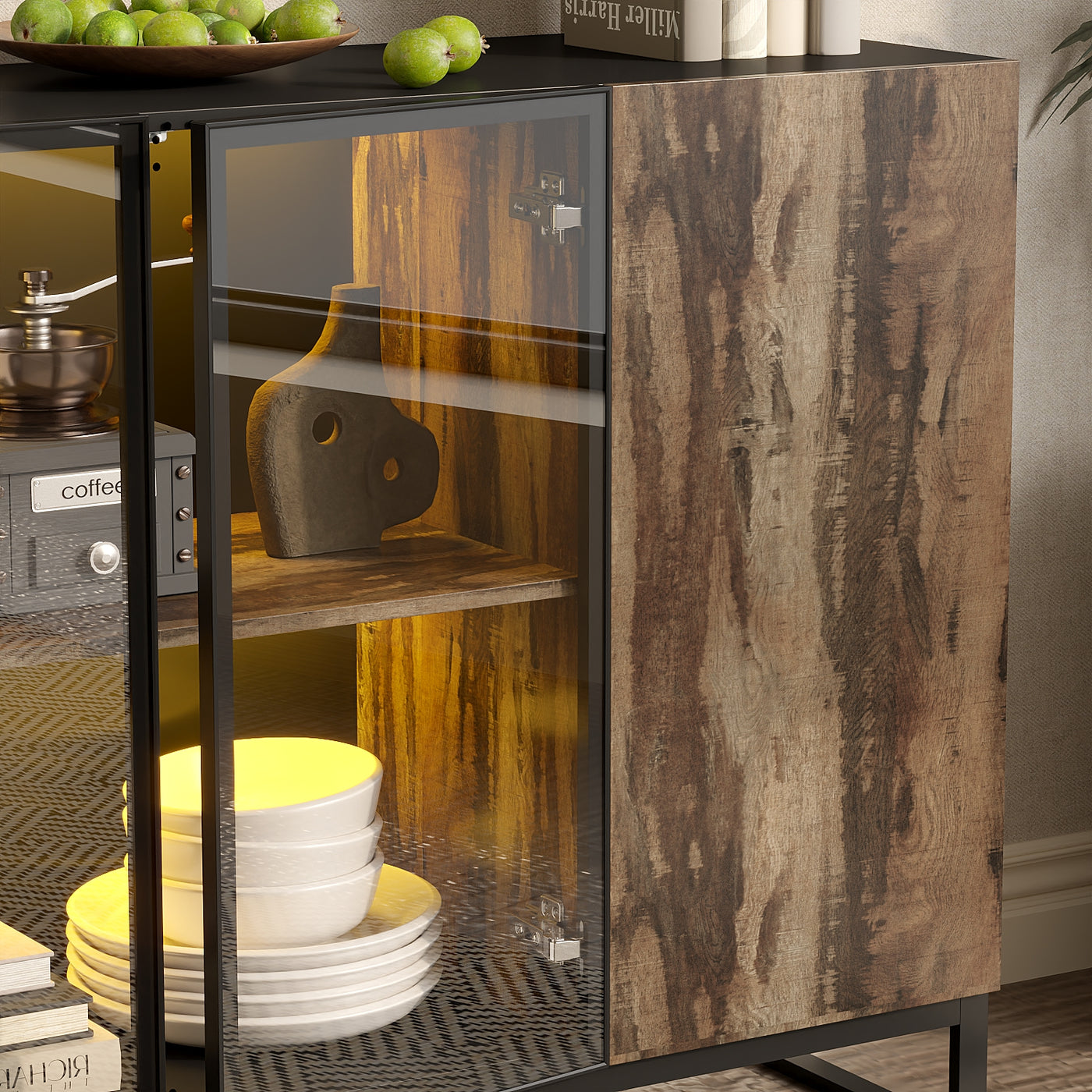47.2" Black Sideboard Buffet Cabinet with LED Lights and Glass Doors