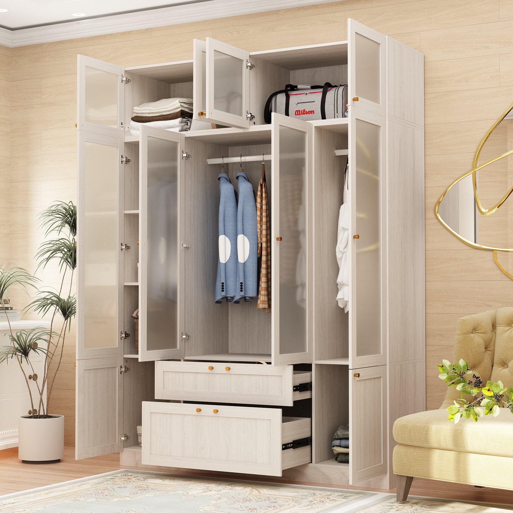 Modern Scandinavian Wardrobe With Frosted Glass Doors And Brass Accents – Spacious Storage Solution With Adjustable Shelves And Drawers
