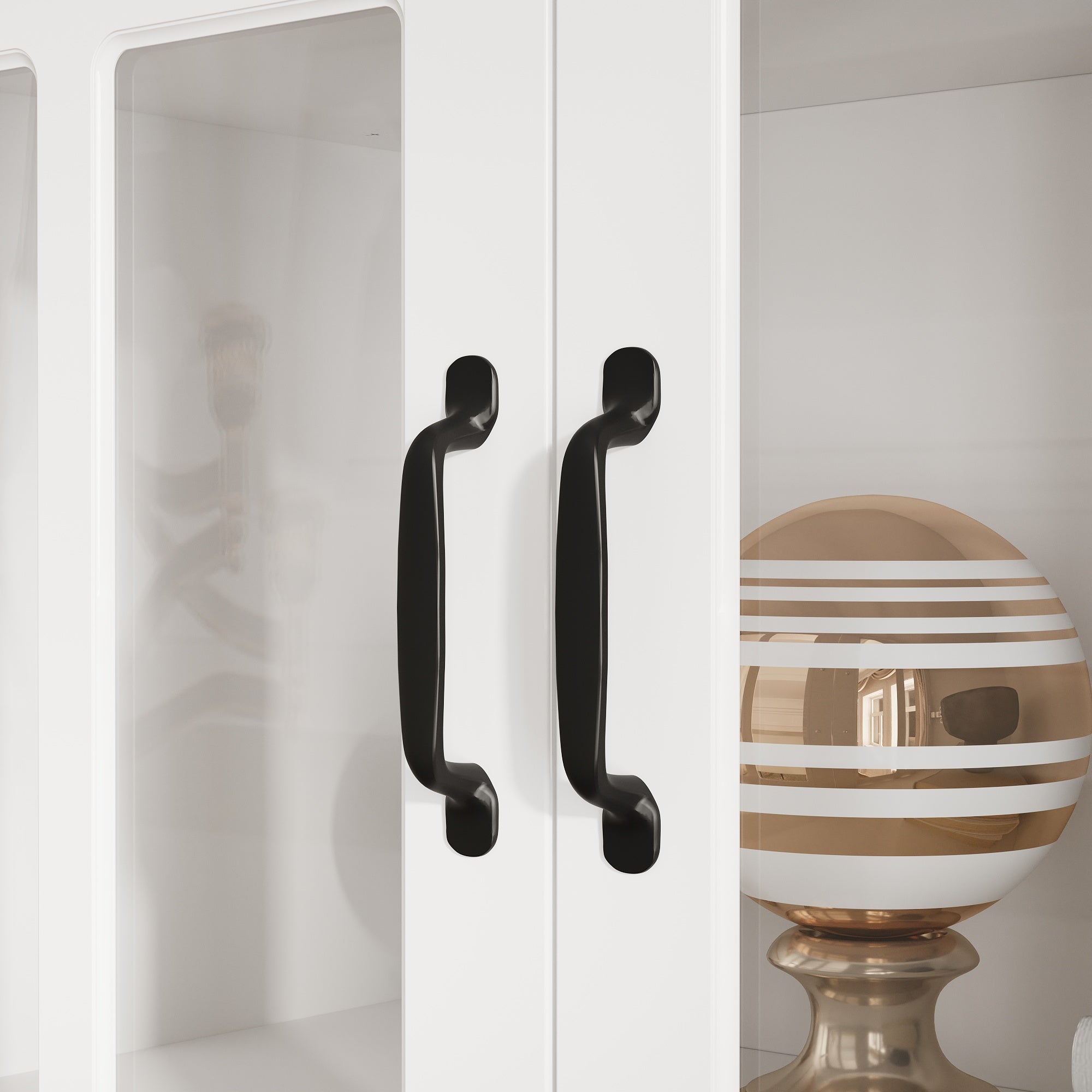 White bookcase set with glass doors, lower cabinets, and center open shelves