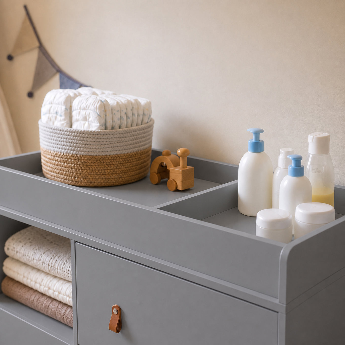 44.9" Modern Minimalist White/Wood 4-Drawer Nursery Changing Table Dresser