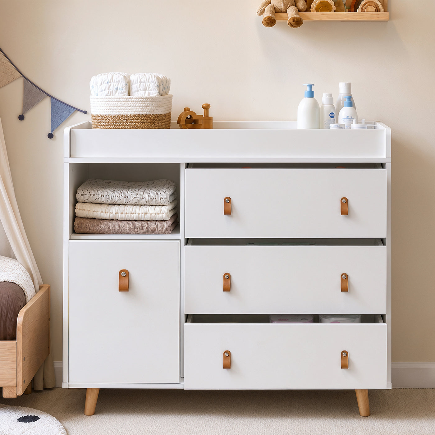 44.9" Modern Minimalist White/Wood 4-Drawer Nursery Changing Table Dresser