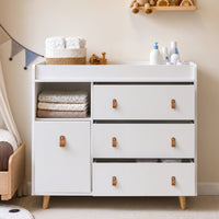 44.9" Modern Minimalist White/Wood 4-Drawer Nursery Changing Table Dresser