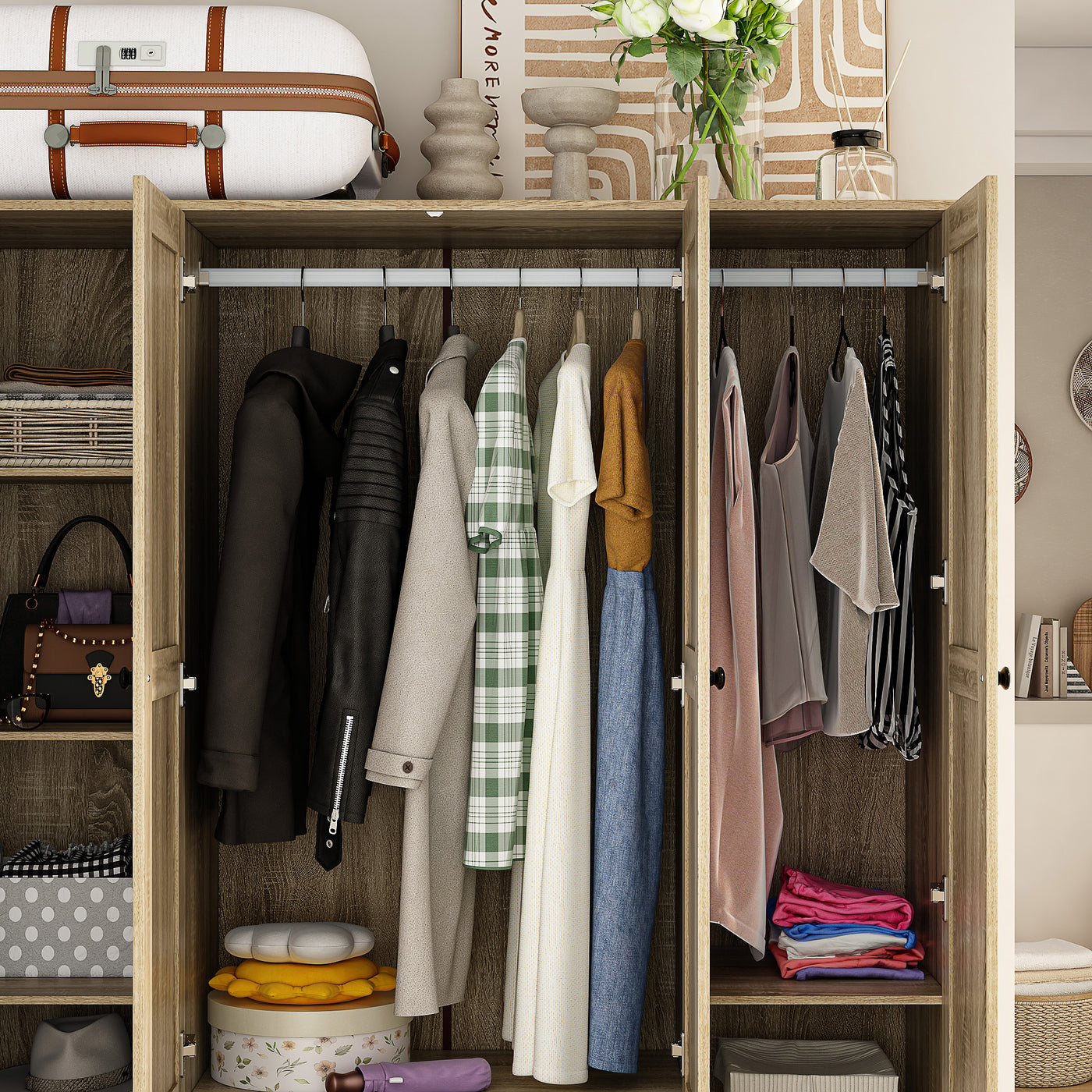 63" Rustic 4-Door Wardrobe Armoire with Rattan Paneling, 6 Drawers & 2 Hanging Rods