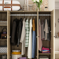 63" Rustic 4-Door Wardrobe Armoire with Rattan Paneling, 6 Drawers & 2 Hanging Rods