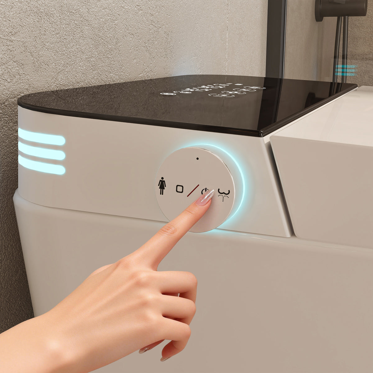 White smart toilet with open lid, built-in bidet, and ambient night light
