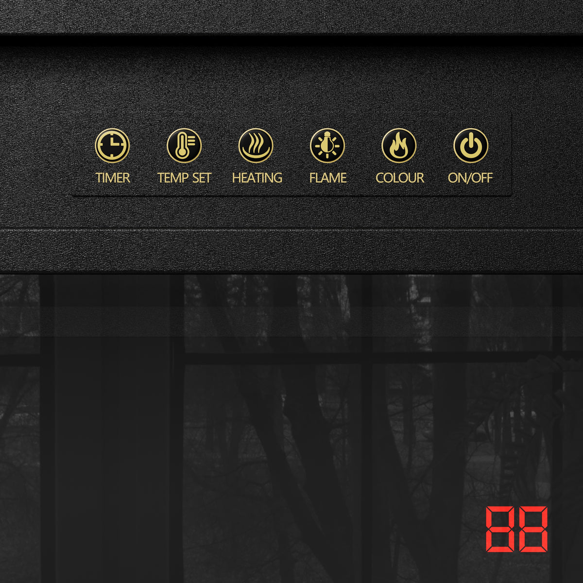 Control panel with icons and labels on a black background