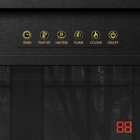 Control panel with icons and labels on a black background