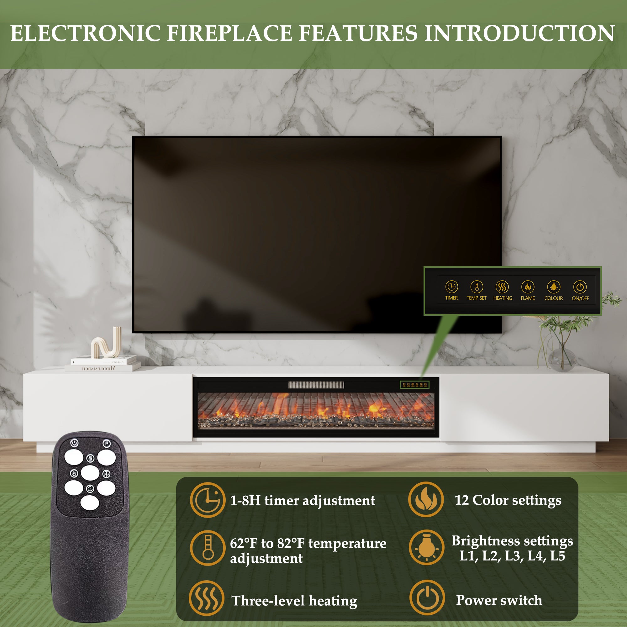 109'' W 2-Drawer TV Stand Media Console With Electric Fireplace Heater