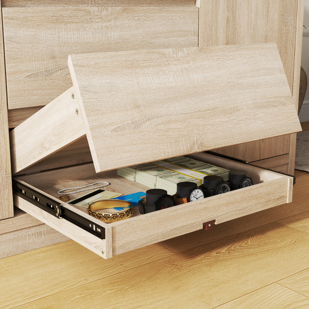 Wooden drawer with various items inside, including a watch and a book, on a wooden floor