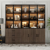 78.7 inch Modern Brown Display Case with LED Lights & 4 Tempered Glass Doors