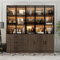Geyma 78.7" Modern Brown Display Case with LED Lights & 4 Tempered Glass Doors