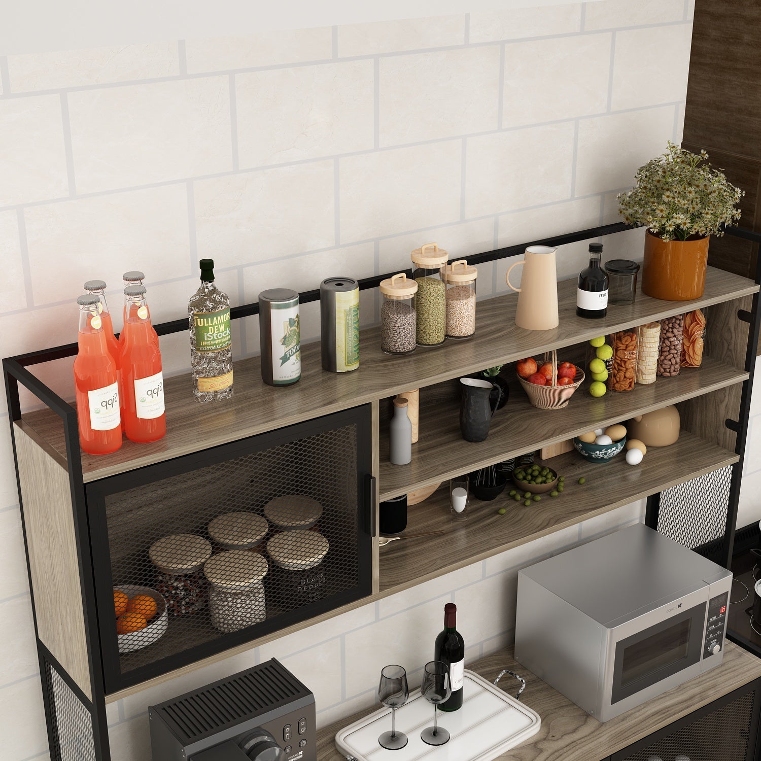 Large Kitchen Sideboard Display Cupboard with Drawers and Mesh Doors Wood Grain