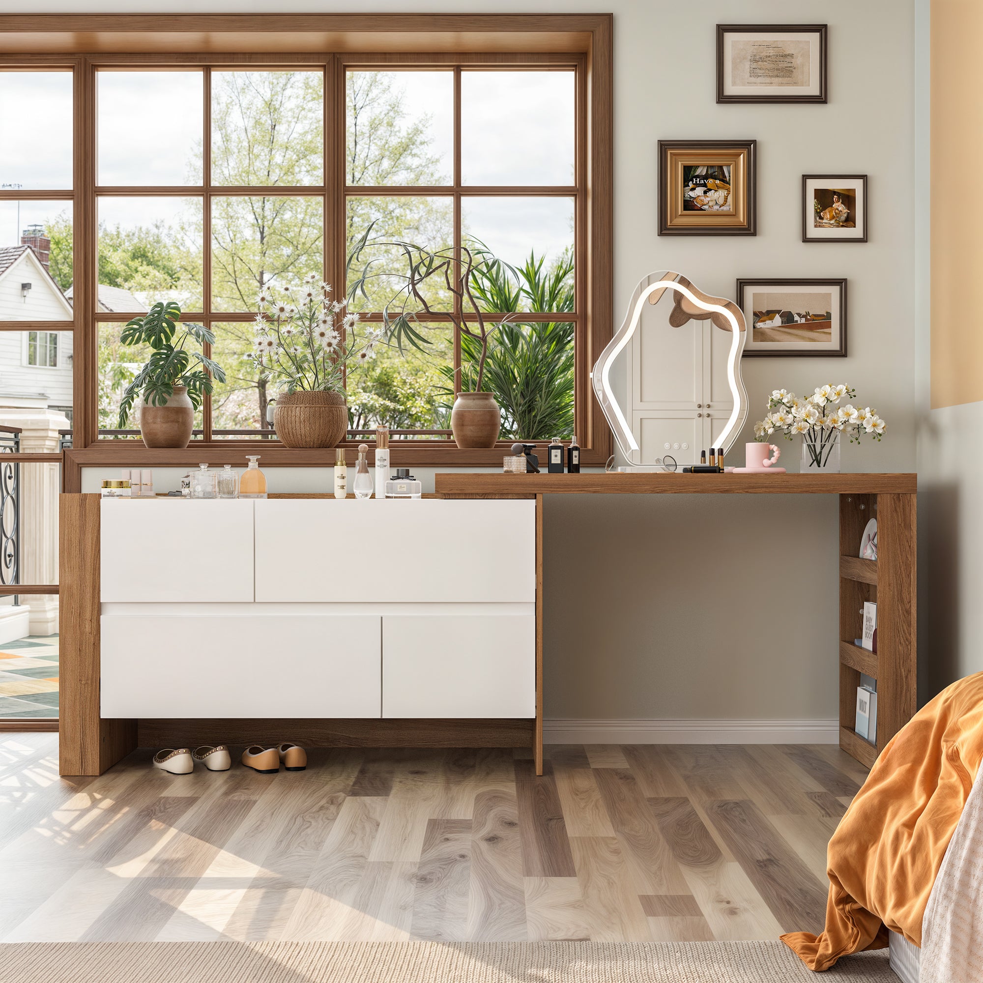 L-Shaped Modern Vanity Set with Adjustable Storage and 4 Drawer Chest