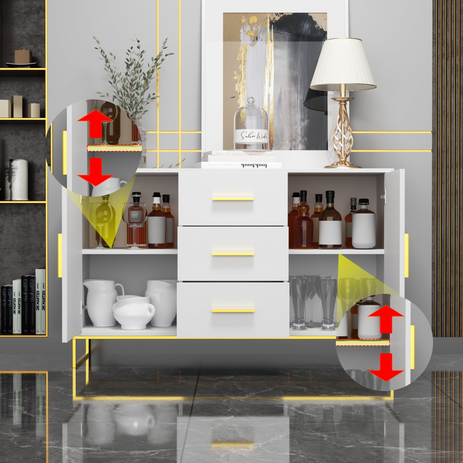 Buffet Sideboard with 3 Drawers & 2 Doors Storage Cabinet Sideboard Credenza Metal Legs for Dining Room and Living Room